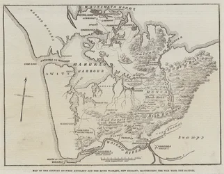 ニュージーランドのオークランドとワイカト川の間の国の地図。先住民との戦争を示しています。